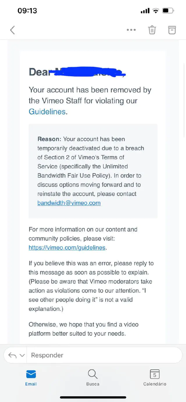 Vimeo E-Mail de alerta no agreement